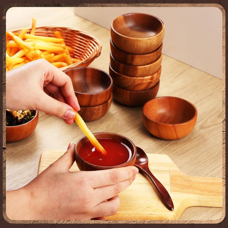 Skylety 20 Pcs Acacia Wooden Bowls Small Calabash Bowls Round Wood Salad Hand Carved Calabash Dip Tray for Serving Popcorn Pasta Candy Cereal Coconut Nuts Sauce Appetizers Kitchen (3 Inch) - Image 4