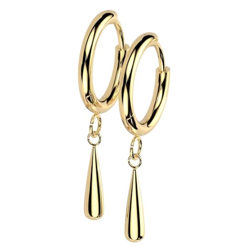 Pierced Owl 18GA F-136 Implant Grade Titanium 2mm Thick Hinged Dangling Teardrop Hoop Earrings, Sold as a Pair (Gold Tone) - Image 1