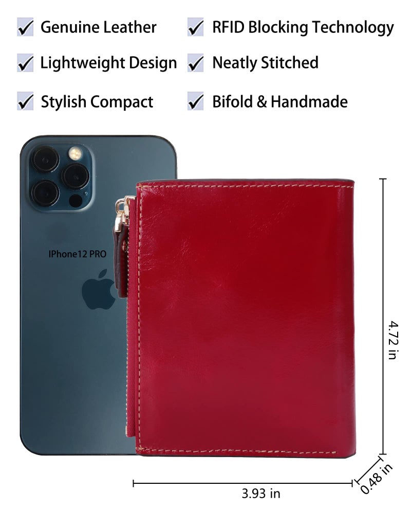 AINIMOER Women's RFID Blocking Leather Small Compact Bi-fold Zipper Pocket Wallet Card Case Purse with id Window (Waxed Red) - Image 4