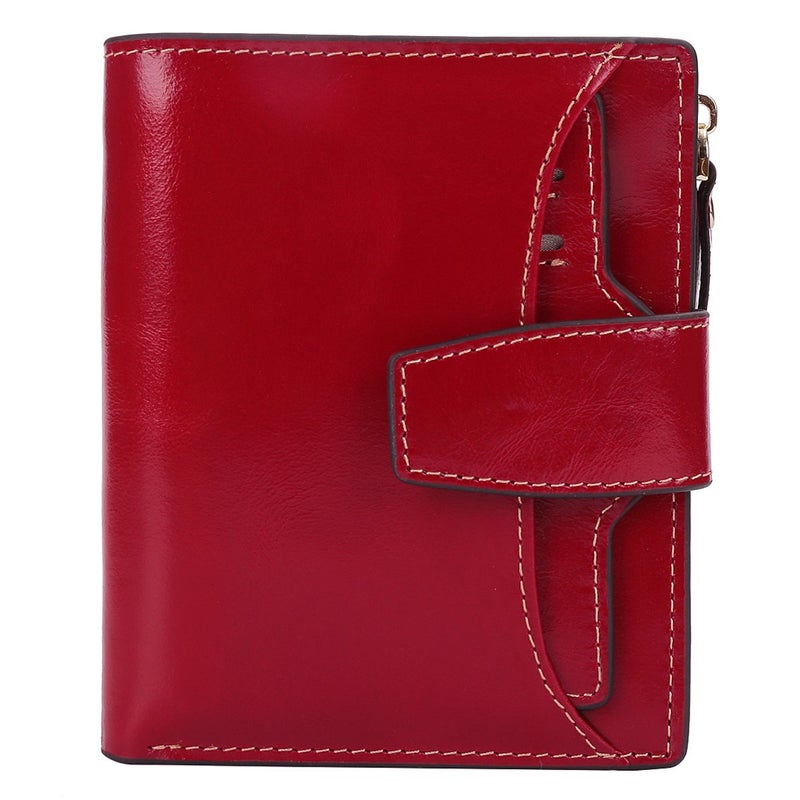 AINIMOER Women's RFID Blocking Leather Small Compact Bi-fold Zipper Pocket Wallet Card Case Purse with id Window (Waxed Red) - Image 1