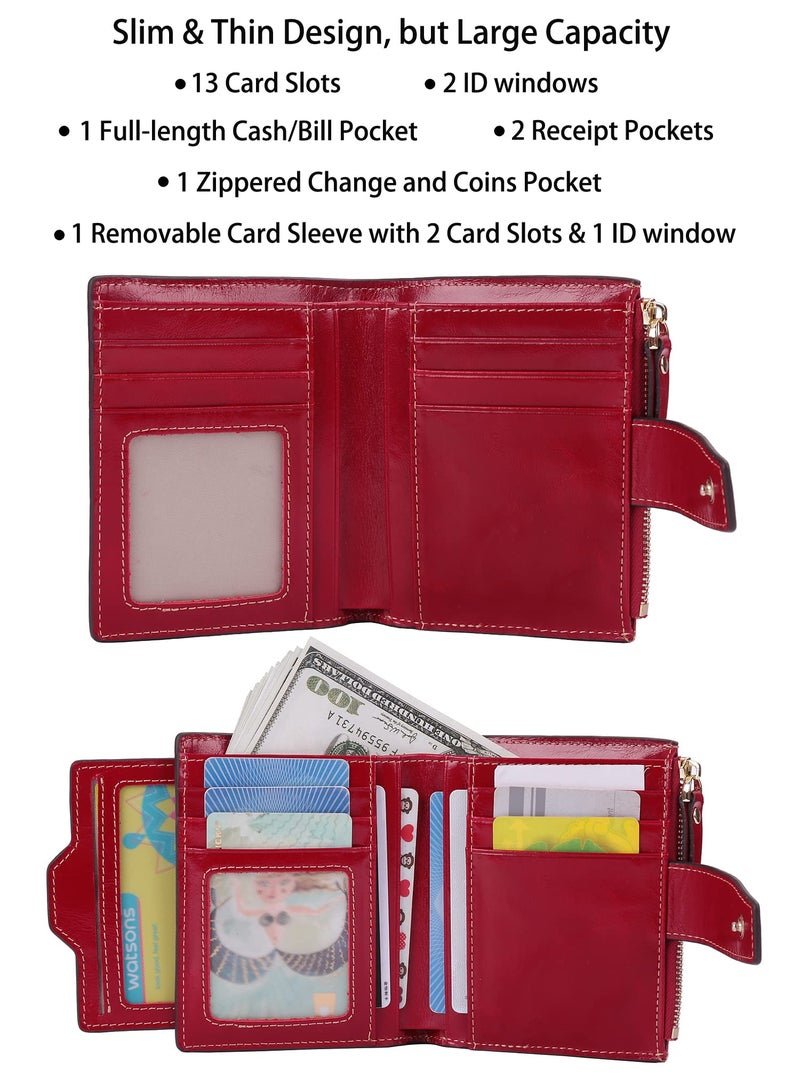 AINIMOER Women's RFID Blocking Leather Small Compact Bi-fold Zipper Pocket Wallet Card Case Purse with id Window (Waxed Red) - Image 2