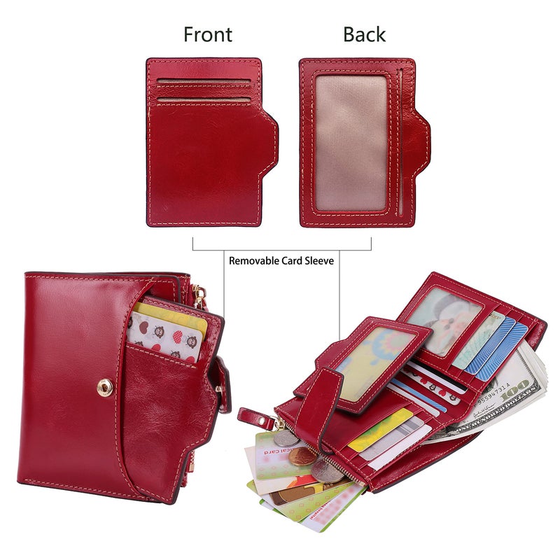 AINIMOER Women's RFID Blocking Leather Small Compact Bi-fold Zipper Pocket Wallet Card Case Purse with id Window (Waxed Red) - Image 3