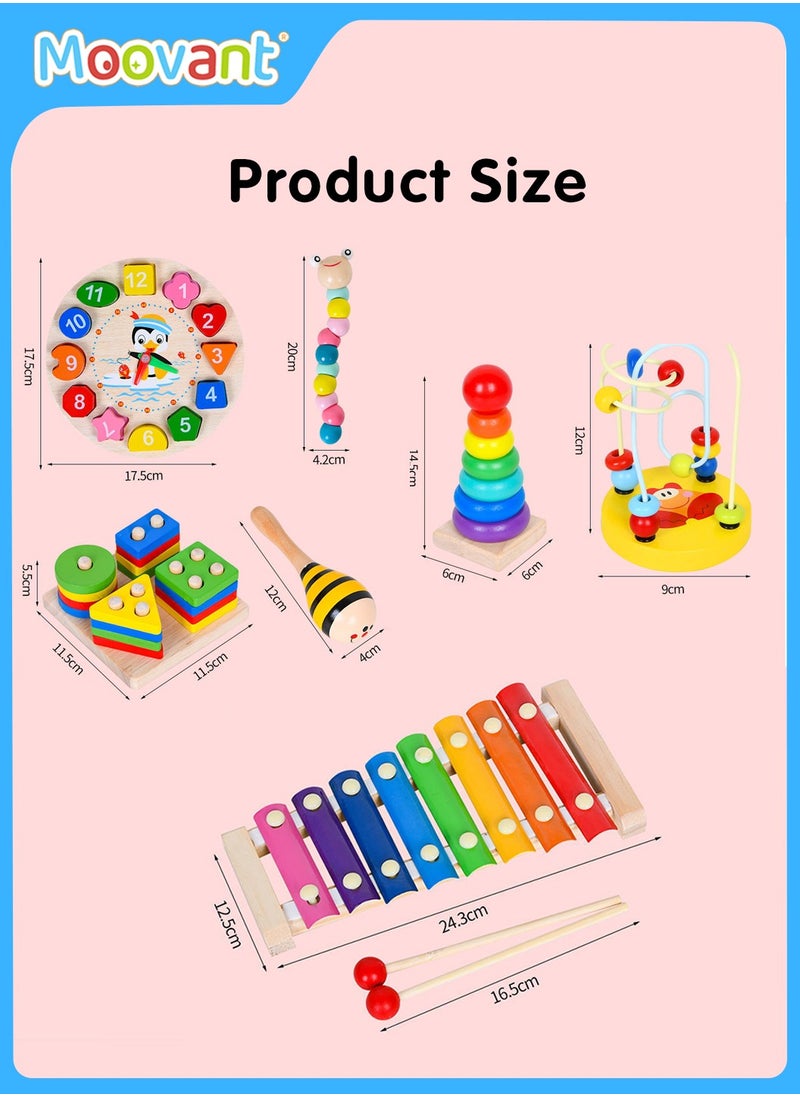 Moovant - 7PCS Early Development Toys for Toddlers Hammering Pounding Toy Kids Musical Instruments Kids Xylophone Interactive Piano Wooden Clock Small Bead Building Blocks Birthday Gift for Children - Image 1