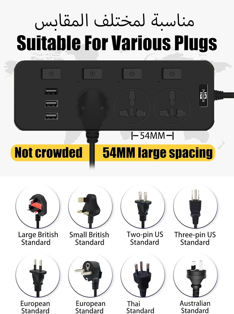 HEROCKX Power Strips Extension Cord 3 Outlets,Universal Plug Adapter with 3 USB Ports,4 individual switches Surge Protection,Charging Socket with 2M Bold Extension Cord - Image 5