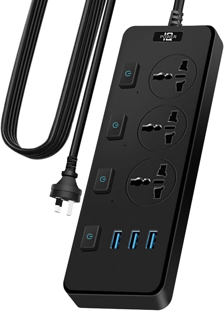 HEROCKX Power Strips Extension Cord 3 Outlets,Universal Plug Adapter with 3 USB Ports,4 individual switches Surge Protection,Charging Socket with 2M Bold Extension Cord - Image 1