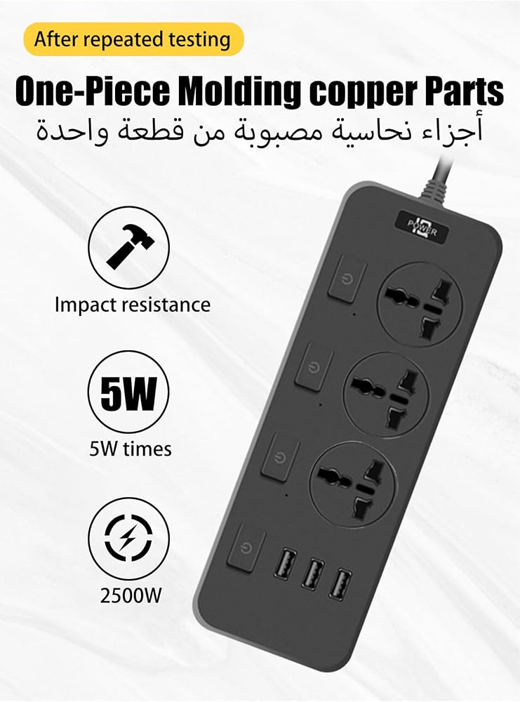HEROCKX Power Strips Extension Cord 3 Outlets,Universal Plug Adapter with 3 USB Ports,4 individual switches Surge Protection,Charging Socket with 2M Bold Extension Cord - Image 4
