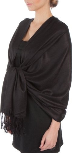 Sakkas Large Soft Silky Pashmina Shawl Wrap Scarf in Solid Colors - Black - Image 1