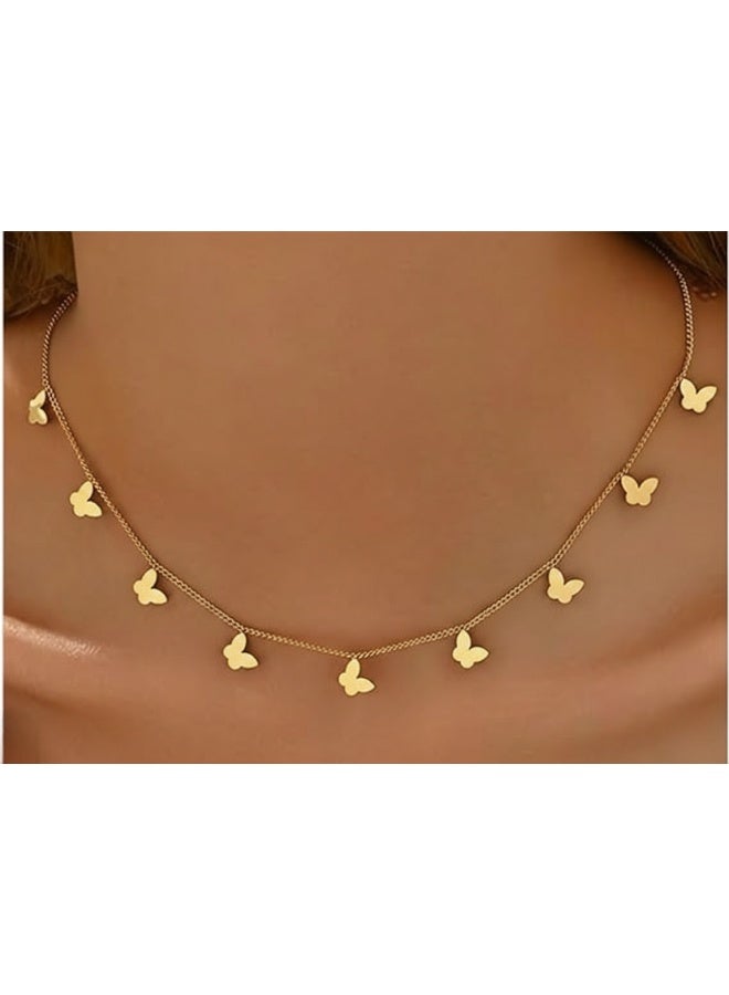 Luxury Gold Butterfly Choker Necklace for Women and Teen Girls - Elegant Dangle Butterfly Charm Pendant Necklace with Dainty Cable Chain - 14K/18K Gold Plated Bohemian Minimalist Jewelry for Daily Wear, Parties, and Weddings - Anti-Tarnish Hypoallergenic Adjustable Neck Piece - Aesthetic Nature Inspired Insect Jewelry Gift for Her - High Polish Shiny Finish Multiple Butterfly Drops Collar Necklace - Image 1