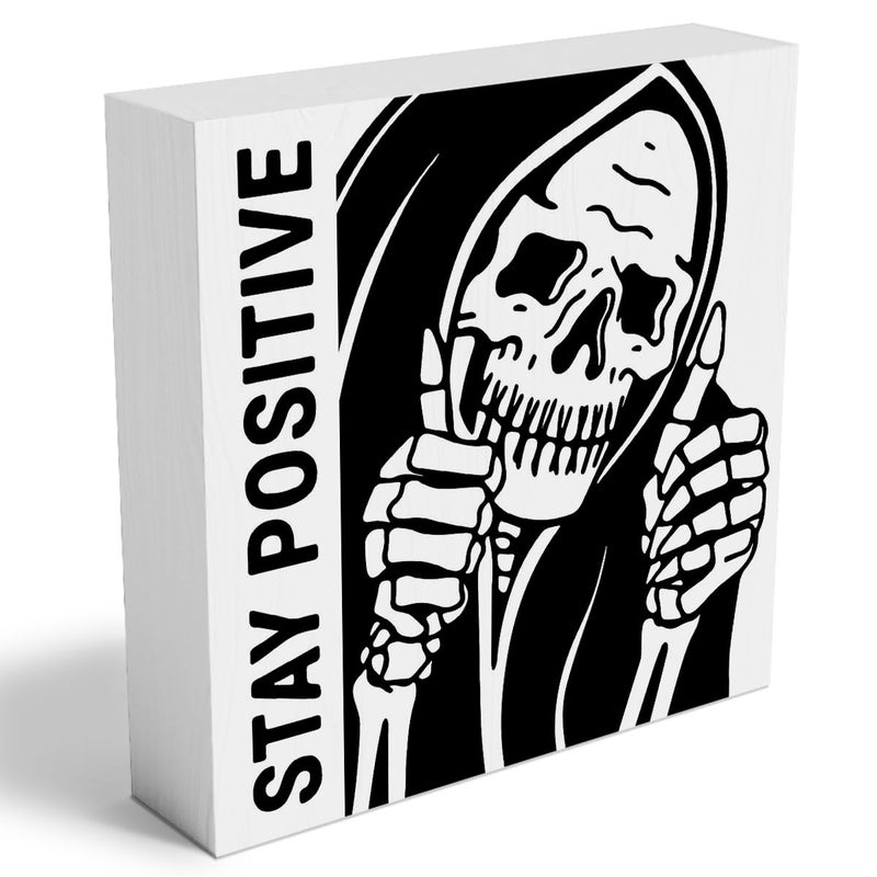 Woght علامة صندوق خشبي ملهمة على شكل هيكل عظمي رجل - ابق إيجابياً - علامة صندوق خشبي بيضاء - فن ريفي - ديكور مكتب منزلي على الرف - 5 × 5 × 1.2 بوصة - Image 1