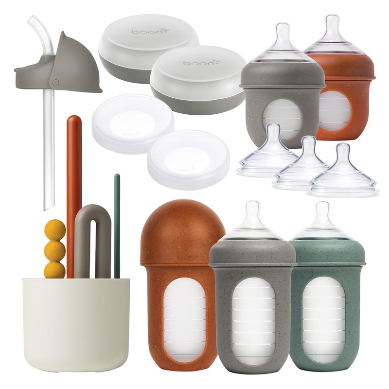 BOON مجموعة هدايا زجاجة الرضاعة من بون نورش  أساسيات تغذية الأطفال للأمهات الجدد  تشمل زجاجات رضاعة سعة 4 أونصات و 8 أونصات وأغطية تخزين وحلمات تدفق سريع وأكياس تخزين وغطاء قشة ومجموعة فرشاة زجاجة مود - Image 1