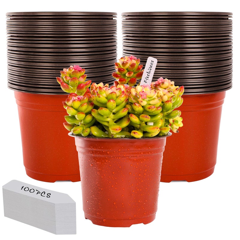 TDHDIKE 6 Inch Plastic Plant Nursery Pots (100pcs Pots and 100pcs Plant Labels) Seedling Flower Plant Container (Red) Seed Starting Pots Indoor/Outdoor - Image 1