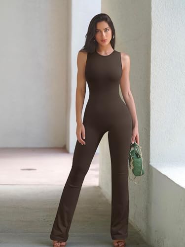 OQQ Women Yoga Jumpsuits Ribbed Crew Neck Sleeveless Bell Bottoms Flare Jumpsuits Darkbrown - Image 4