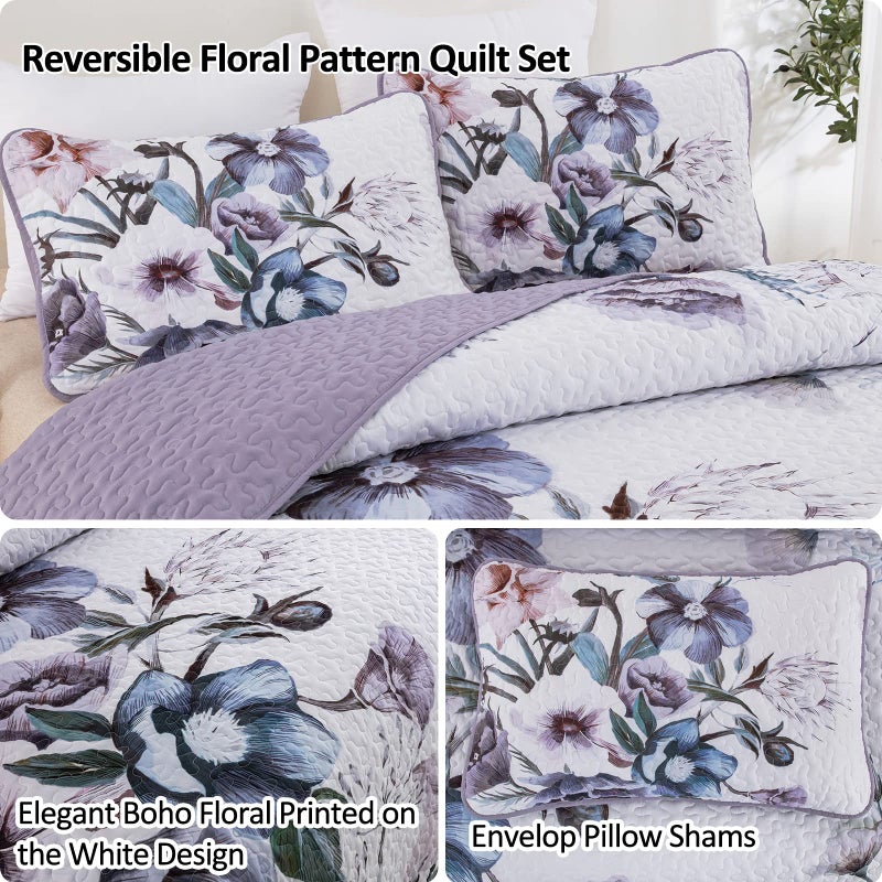 Drucon Purple Floral Quilt Set Queen Size 3 Pieces Purple Botanical Flower Quilt Coverlet Set Soft Microfiber Lightweight Quilted Bedspread for All Season 90"x96" - Image 3