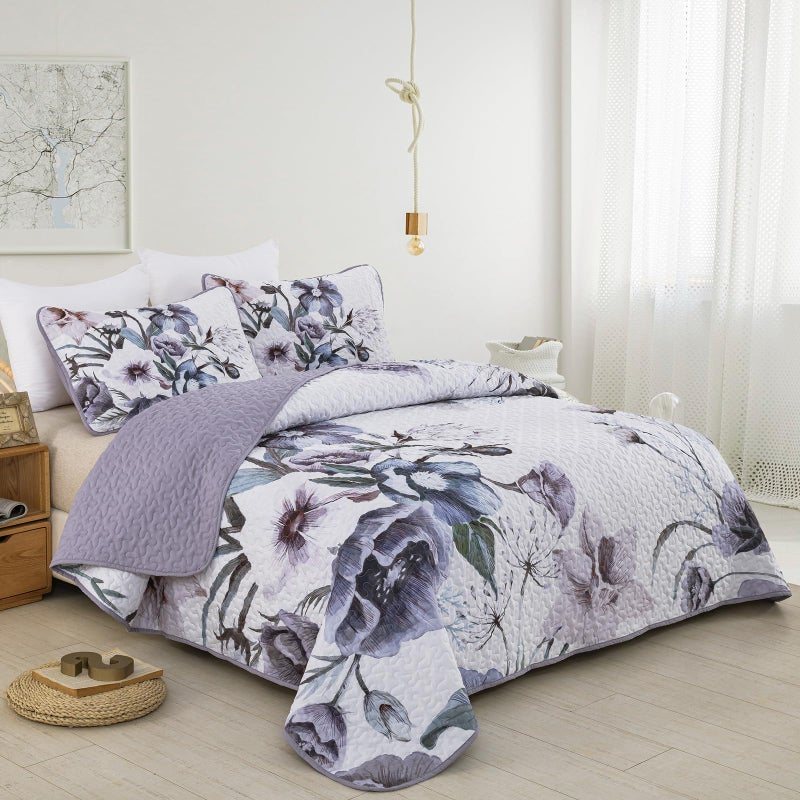 Drucon Purple Floral Quilt Set Queen Size 3 Pieces Purple Botanical Flower Quilt Coverlet Set Soft Microfiber Lightweight Quilted Bedspread for All Season 90"x96" - Image 2