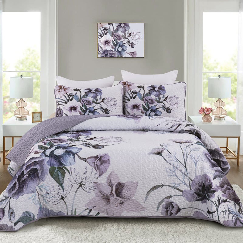 Drucon Purple Floral Quilt Set Queen Size 3 Pieces Purple Botanical Flower Quilt Coverlet Set Soft Microfiber Lightweight Quilted Bedspread for All Season 90"x96" - Image 1