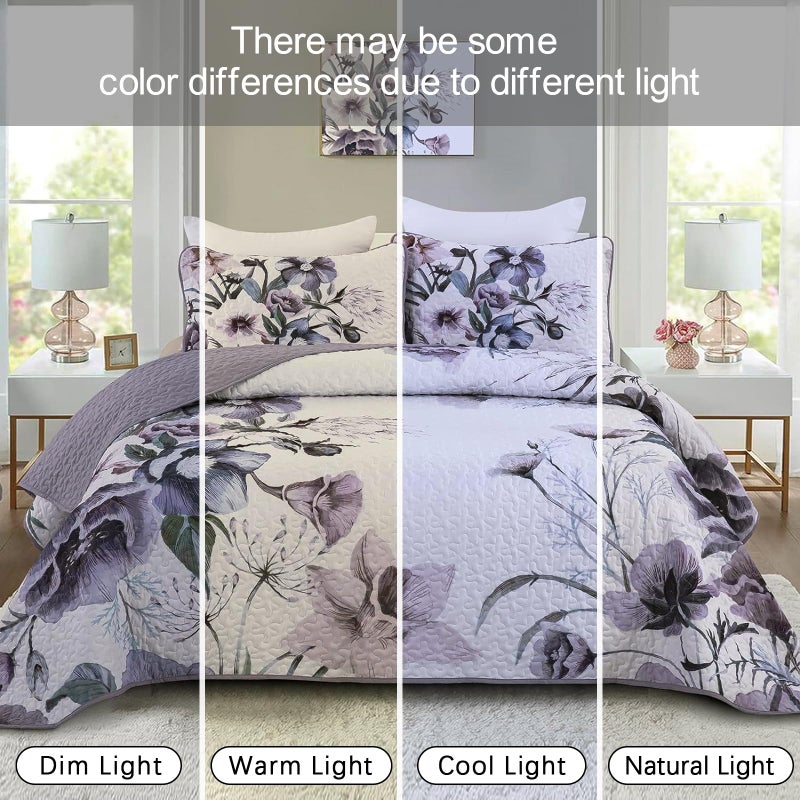 Drucon Purple Floral Quilt Set Queen Size 3 Pieces Purple Botanical Flower Quilt Coverlet Set Soft Microfiber Lightweight Quilted Bedspread for All Season 90"x96" - Image 5