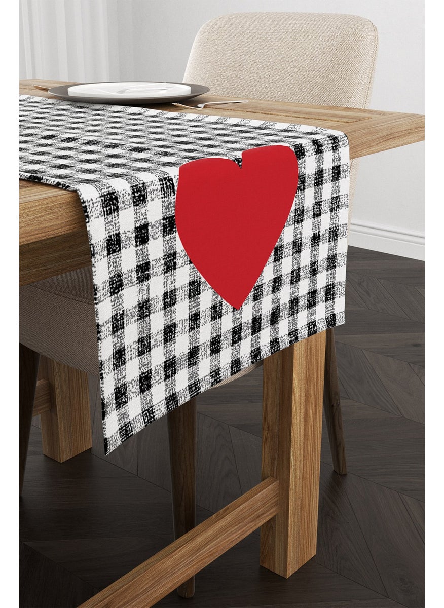 Cango Home - White Black Plaid Heart Patterned Digital Printed Runner CGH1028-RN - Image 1