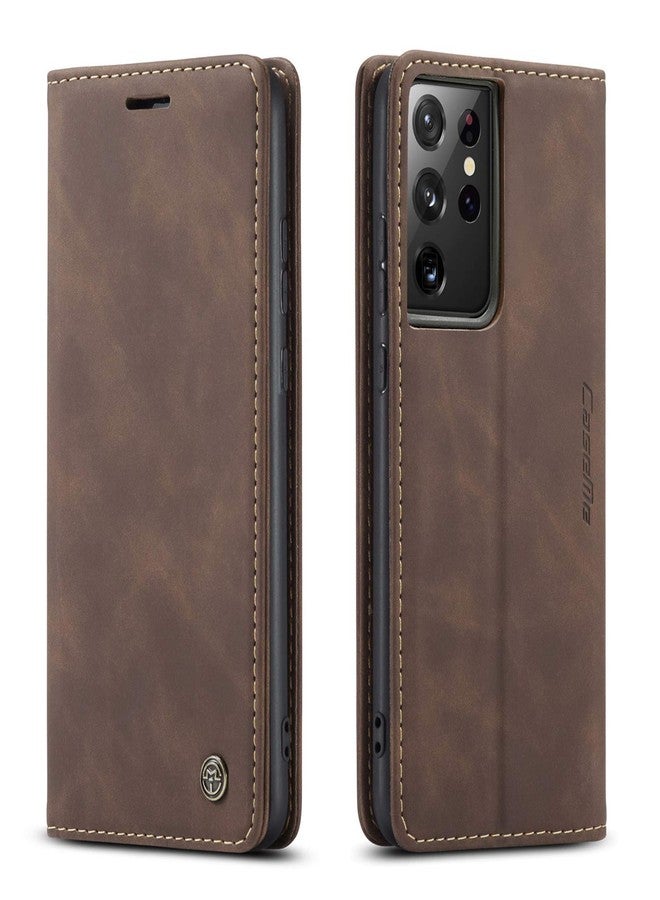 Kowauri جراب Kowauri القابل للطي لهاتف Galaxy S21 Ultra، جراب محفظة جلدي بتصميم كلاسيكي مع فتحة للبطاقات وإغلاق مغناطيسي، جراب قابل للطي لهاتف Samsung Galaxy S21 Ultra 5G (لون القهوة) - Image 1