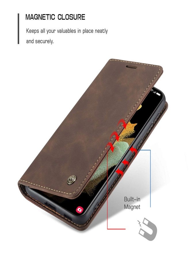 Kowauri جراب Kowauri القابل للطي لهاتف Galaxy S21 Ultra، جراب محفظة جلدي بتصميم كلاسيكي مع فتحة للبطاقات وإغلاق مغناطيسي، جراب قابل للطي لهاتف Samsung Galaxy S21 Ultra 5G (لون القهوة) - Image 3