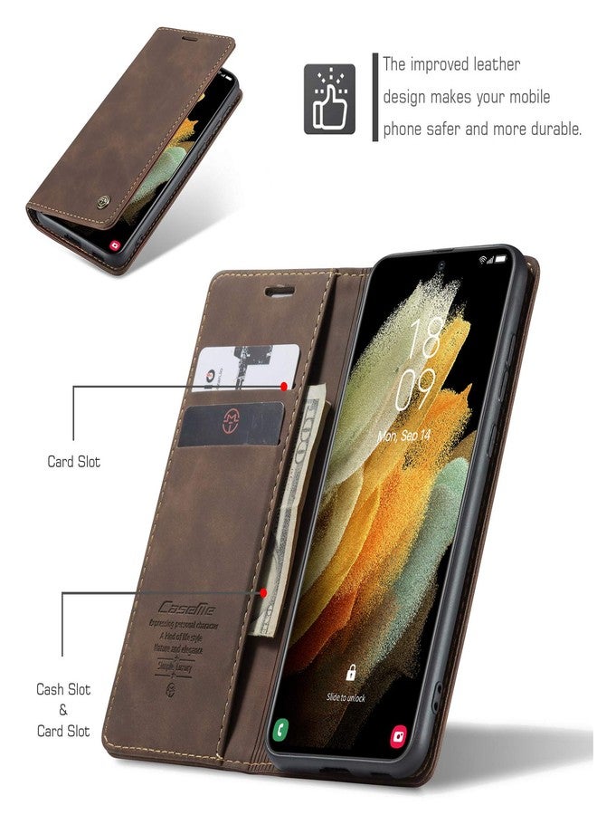 Kowauri جراب Kowauri القابل للطي لهاتف Galaxy S21 Ultra، جراب محفظة جلدي بتصميم كلاسيكي مع فتحة للبطاقات وإغلاق مغناطيسي، جراب قابل للطي لهاتف Samsung Galaxy S21 Ultra 5G (لون القهوة) - Image 4