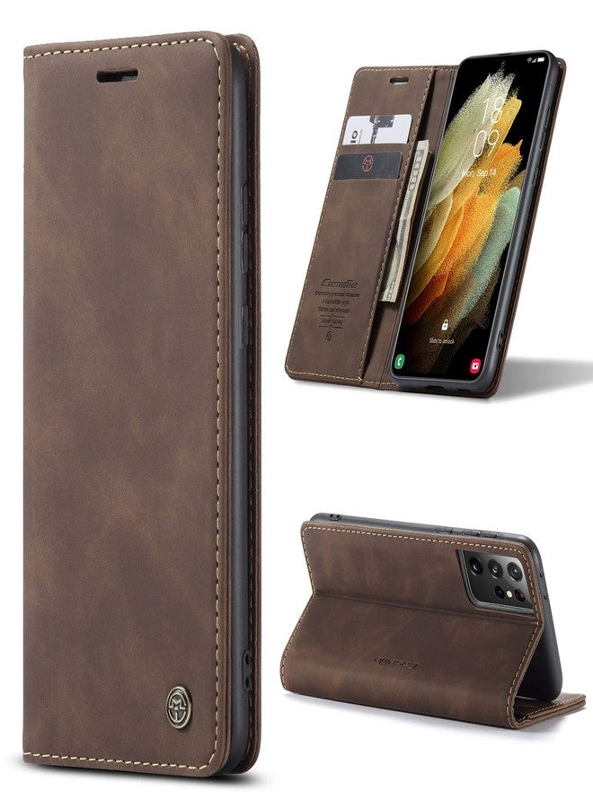 Kowauri جراب Kowauri القابل للطي لهاتف Galaxy S21 Ultra، جراب محفظة جلدي بتصميم كلاسيكي مع فتحة للبطاقات وإغلاق مغناطيسي، جراب قابل للطي لهاتف Samsung Galaxy S21 Ultra 5G (لون القهوة) - Image 2