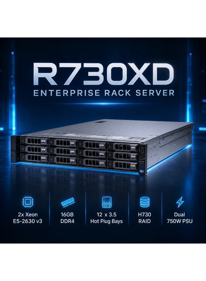 سيرفر Rack Enterprise R730XD بحجم 2U مع معالجين Xeon E5-2630 v3 وذاكرة 16GB DDR4 و12 فتحة 3.5 بوصة Hot-Plug وPERC H730 Mini - Image 1