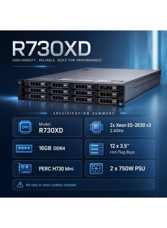 سيرفر Rack Enterprise R730XD بحجم 2U مع معالجين Xeon E5-2630 v3 وذاكرة 16GB DDR4 و12 فتحة 3.5 بوصة Hot-Plug وPERC H730 Mini - Image 2