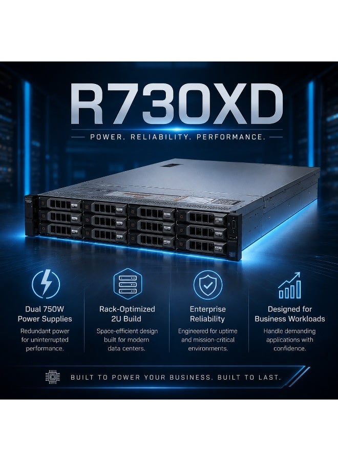 سيرفر Rack Enterprise R730XD بحجم 2U مع معالجين Xeon E5-2630 v3 وذاكرة 16GB DDR4 و12 فتحة 3.5 بوصة Hot-Plug وPERC H730 Mini - Image 3