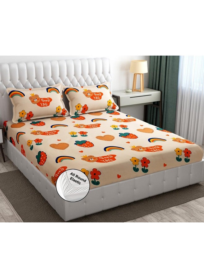 FRESH FROM LOOM Wrinkle Free Glace Cotton Elastic Fitted Bedsheet for Kids with 2 Pillow Cover (Size - 78 x 72 Inches (Fits up to 8 Inch) | Good Day/Pale Color) - Image 1