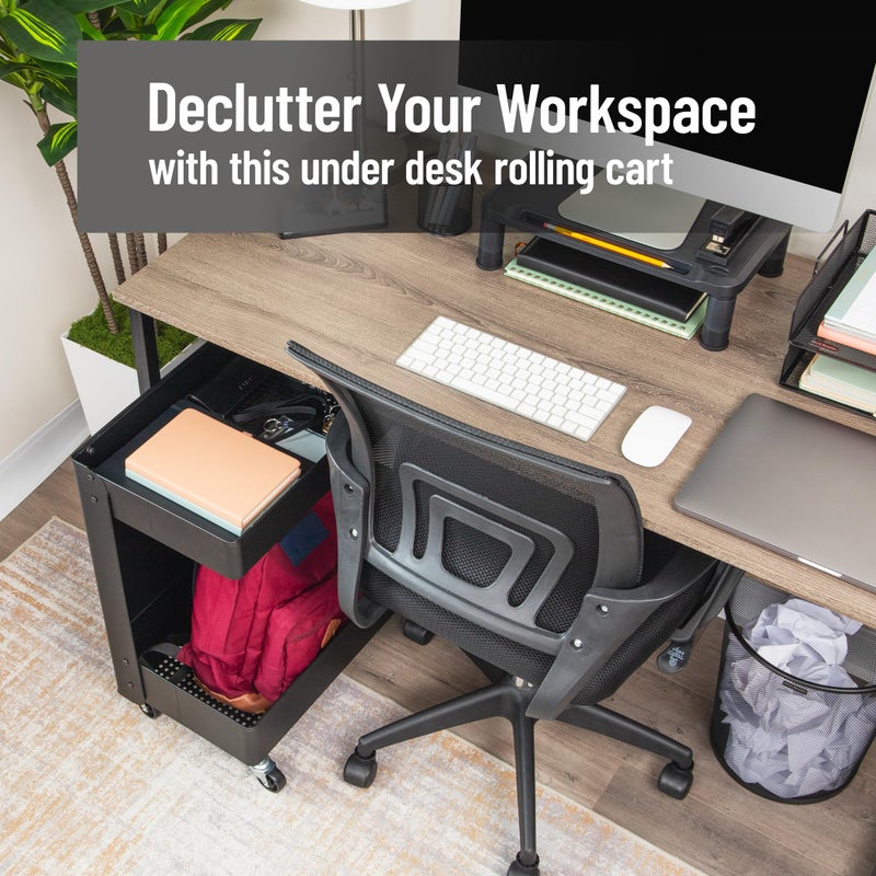 Mind Reader Under Desk Rolling Cart, 2-Tier Steel Utility Organizer, No Assembly Required, 12" L x 20" W x 23.5" H, Black - Image 2