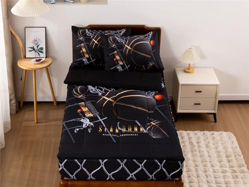 NTBED Black Basketball Printed Zipper Bedding Sets Twin for Kids Boys Lightweight Microfiber Comforter Set with Fitted Sheet Pillow Covers - Image 3