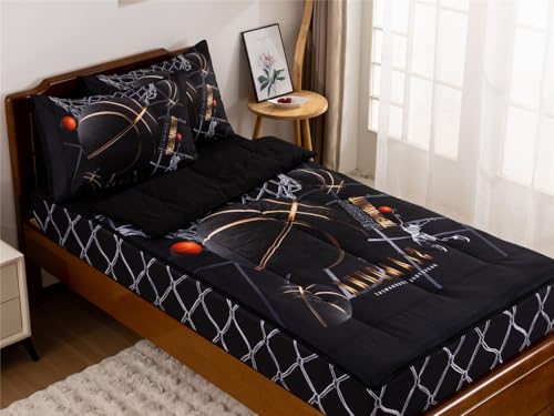 NTBED Black Basketball Printed Zipper Bedding Sets Twin for Kids Boys Lightweight Microfiber Comforter Set with Fitted Sheet Pillow Covers - Image 1