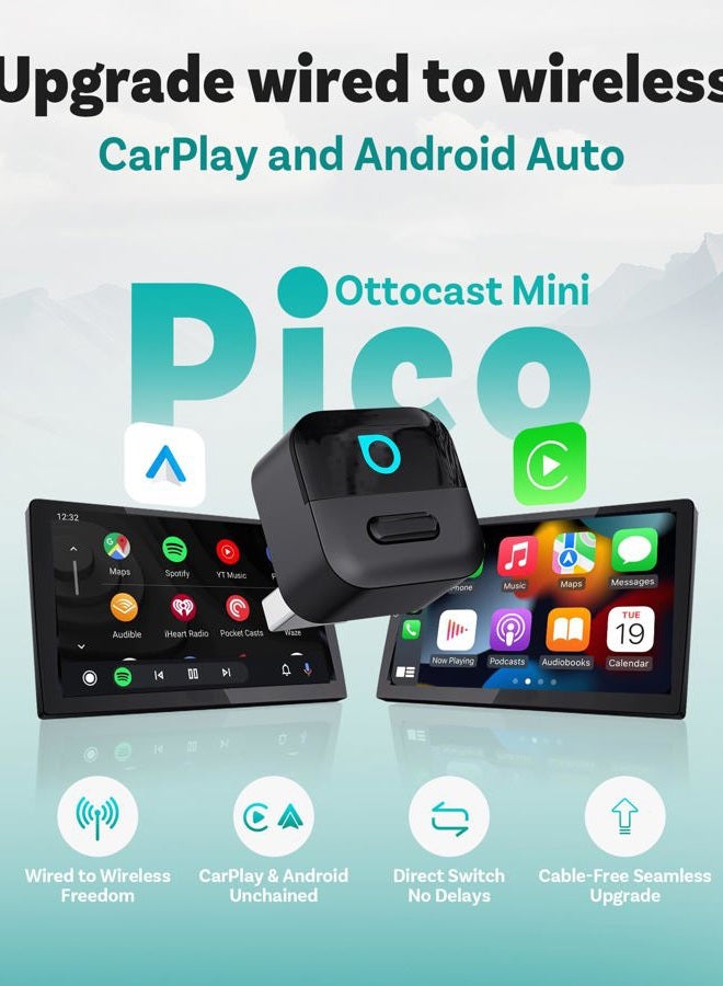 Ottocast Mini Pico, 2026 Upgrade 2in1 Wireless CarPlay & Android Auto Adapter, WiFi 6 +Bluetooth 5.4, Auto Reconnect, Plug & Play - Image 2