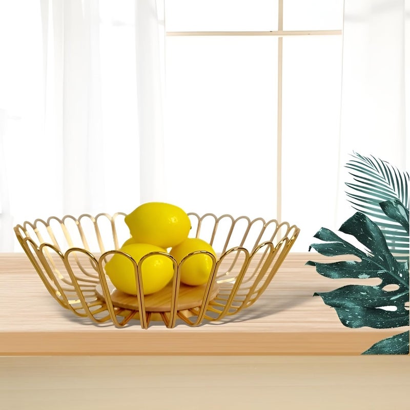 7UYUU Gold Fruit Basket Metal Wire Fruit Basket Bowl Kitchen Countertop Large Storage Serving Holder for Lemon Banana Onion - Wooden Stand - 12 Inch (Gold Wood) - Image 4