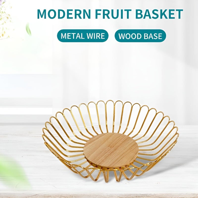 7UYUU Gold Fruit Basket Metal Wire Fruit Basket Bowl Kitchen Countertop Large Storage Serving Holder for Lemon Banana Onion - Wooden Stand - 12 Inch (Gold Wood) - Image 2