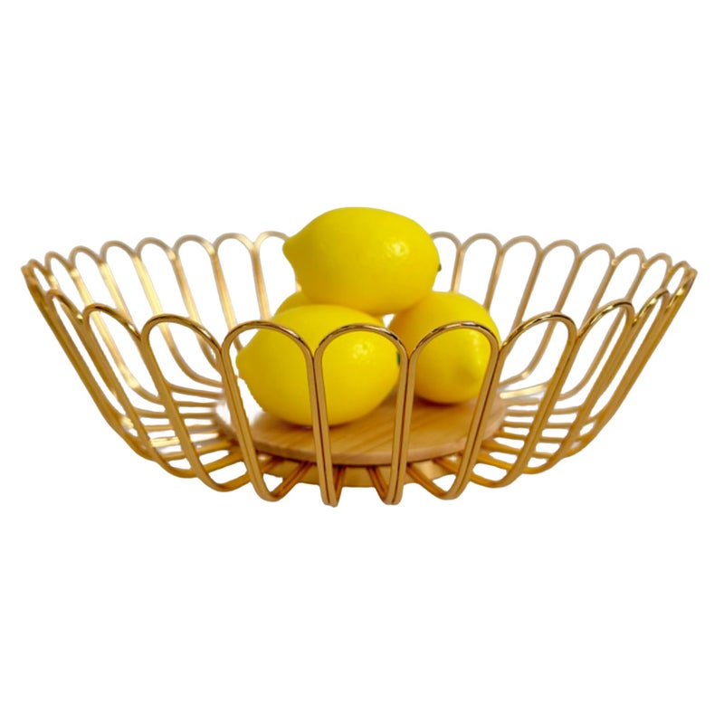 7UYUU Gold Fruit Basket Metal Wire Fruit Basket Bowl Kitchen Countertop Large Storage Serving Holder for Lemon Banana Onion - Wooden Stand - 12 Inch (Gold Wood) - Image 1