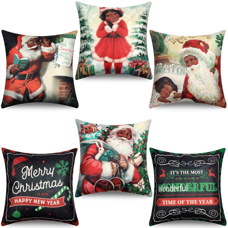 Oudain 6 Pcs Christmas Santa Claus Girl Throw Pillow Cover African American Santa Cushion Decoration 18 x 18 Inch Geometric Flower Linen Pillowcase Holiday Decoration for Sofa Couch Bed Santa Style - Image 2