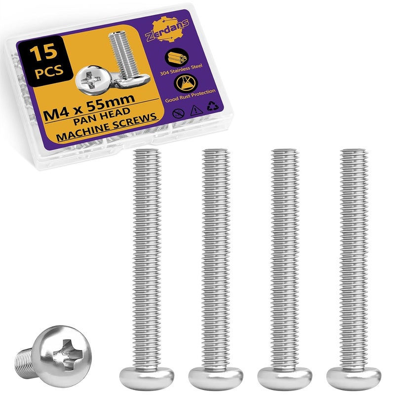 ZerDans M4 x 55mm Machine Screws, 15PCS Pan Head Machine Screws 304 Stainless Steel Metric Assortment, Truss Head Bolts, Full Thread, Phillips Drive for Furniture Repairs and 3D Printer - Image 1