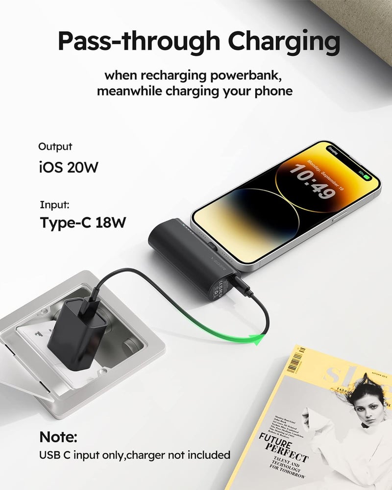 VEGER Mini Portable Charger, Ultra Compact 20W PD Fast Charging Mini Power Bank, Cute Battery 5000mAh Charger Compatible with iPhone 14/14 Pro Max/13/13 Pro Max/12/11/XR/XS/X/8/7/6 - Image 2