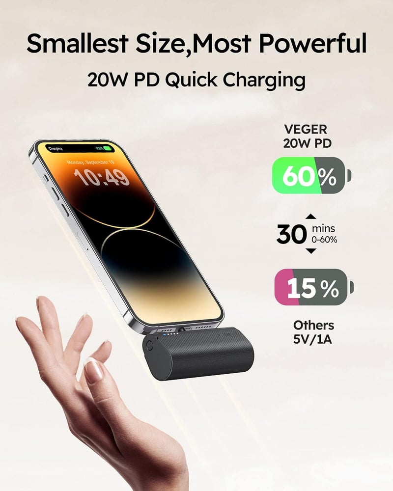 VEGER Mini Portable Charger, Ultra Compact 20W PD Fast Charging Mini Power Bank, Cute Battery 5000mAh Charger Compatible with iPhone 14/14 Pro Max/13/13 Pro Max/12/11/XR/XS/X/8/7/6 - Image 3