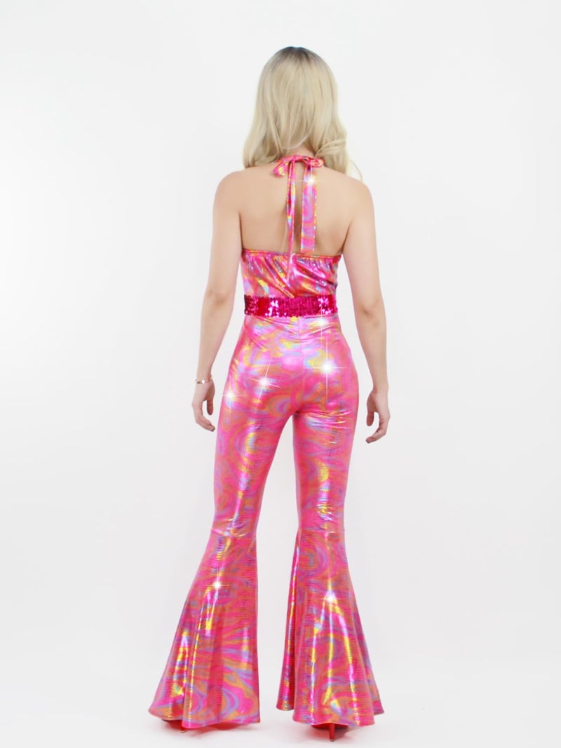 Nawgut Disco Outfit 70s 80s Prom Sparkle Flare Jumpsuit Party Costume Halloween Cosplay For Adult Women-Medium - Image 3