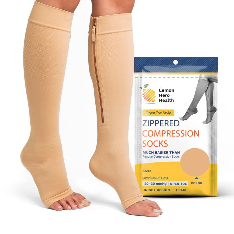 Lemon Hero Zipper Compression Socks 20-30mmHg Open Toe with Zip Guard Skin Protection - Medical Zippered Compression Socks for Men & Women - 3XL, Beige - Support Hose - Image 2