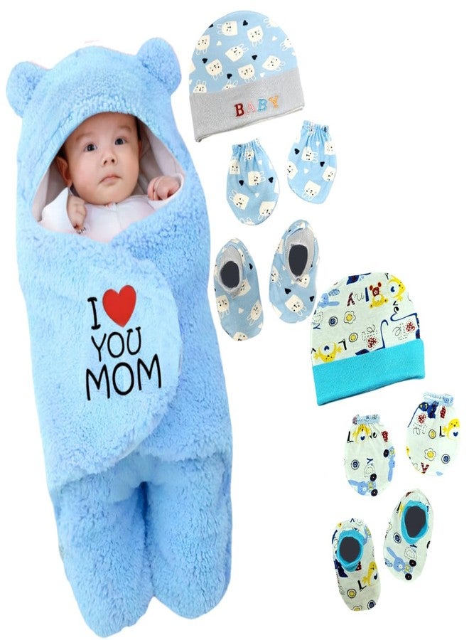 First Kick بطانية أمان للأطفال حديثي الولادة من فيرست كيك، مزودة بغطاء رأس مطرز، قابلة للارتداء، كيس نوم للأطفال، عبوة من بطانية واحدة، وقبعتين، ومجموعتين من القفازات، ومجموعتين من الجوارب - Image 1