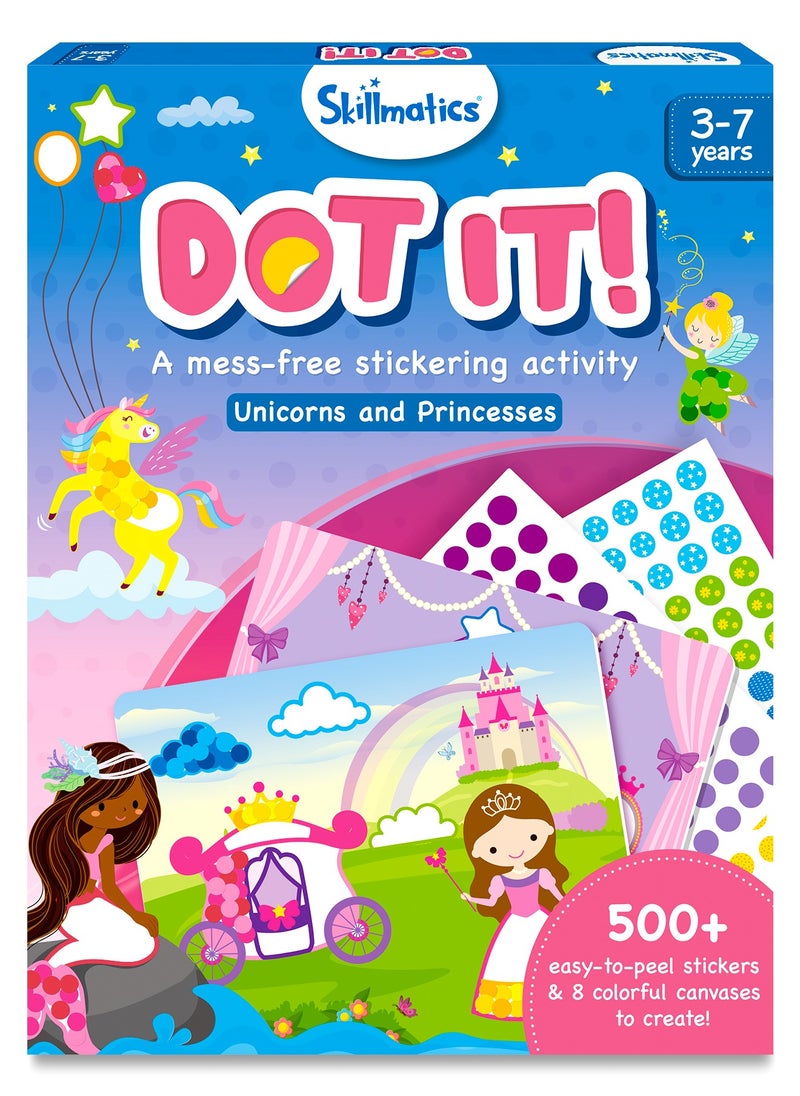 سكيلماتيكس ملصقات Dot It Unicorns & Princesses، فن الملصقات بدون فوضى للأطفال، مجموعات الحرف اليدوية، أنشطة DIY، ألعاب السفر، المهارات الحركية الدقيقة، هدايا للأولاد والبنات من سن 3 و4 و5 و6 و7 سنوات  - Image 1