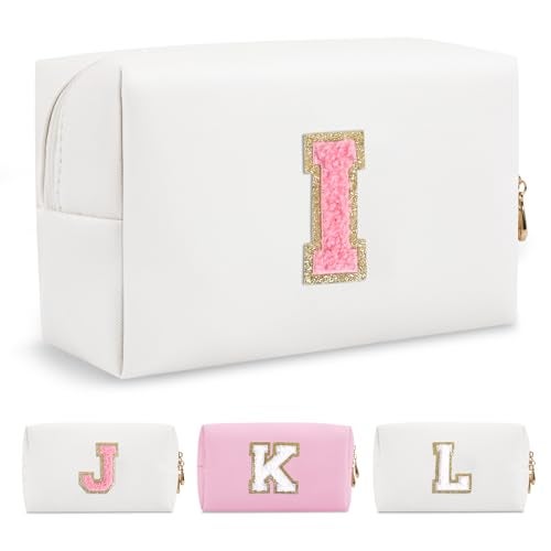 ChaoGreat Personalized Makeup Bag Initial A-Z Preppy Patch Bag,Small PU Leather Travel Cosmetic Bag Pouch with Zipper,White Cute Toiletry Bag,Gift Ideal for Teen Girls Women Birthday Friend Mom,Letter I - Image 1