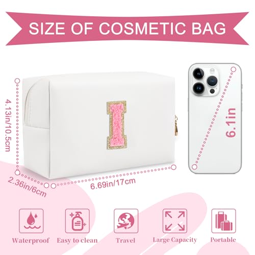 ChaoGreat Personalized Makeup Bag Initial A-Z Preppy Patch Bag,Small PU Leather Travel Cosmetic Bag Pouch with Zipper,White Cute Toiletry Bag,Gift Ideal for Teen Girls Women Birthday Friend Mom,Letter I - Image 2