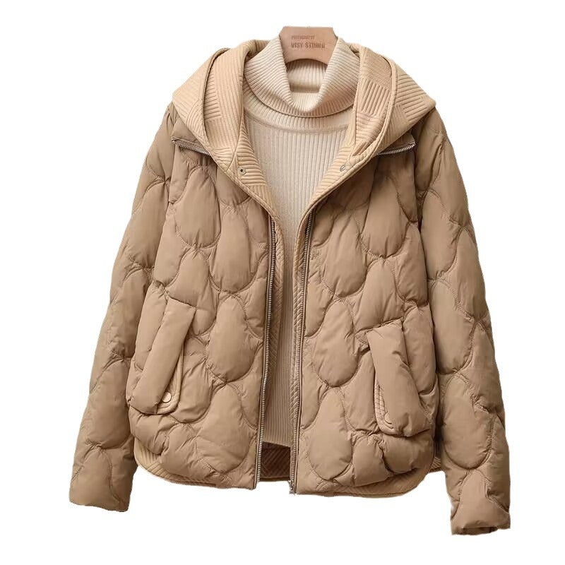 Knit Hooded Faux Layered Puffer Coat for Women White