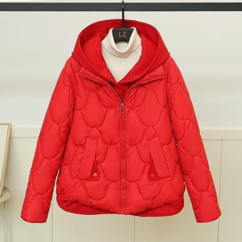 Knit Hooded Faux Layered Puffer Coat for Women White