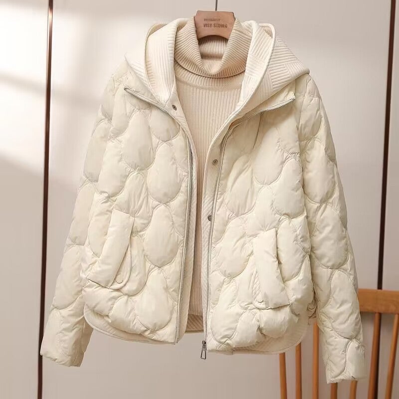 Knit Hooded Faux Layered Puffer Coat for Women White