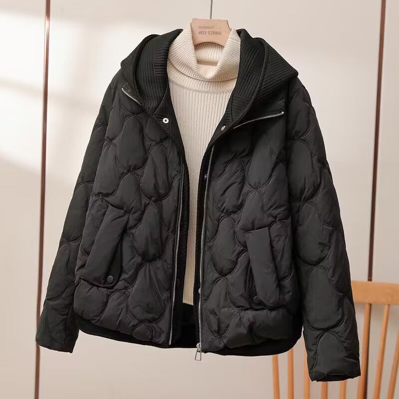 Knit Hooded Faux Layered Puffer Coat for Women White